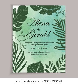 Beautiful line art leaf green watercolor background wedding card invitation