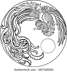 Beautiful line art of Phoenix for circle design on background.Phoenix vector for printing on shirt.Pheonix vector illustration for doodle art and coloring book on white isolated background.Rebirth.