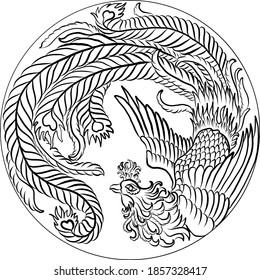 Beautiful line art of Phoenix for circle design on background.Phoenix vector for printing on shirt.Pheonix vector illustration for doodle art and coloring book on white isolated background.Rebirth.