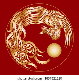 Beautiful line art of Phoenix for circle design on background.Phoenix vector for printing on shirt.Pheonix vector illustration for doodle art and coloring book on white isolated background.Rebirth.