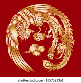 Beautiful line art of Phoenix for circle design on background.Phoenix vector for printing on shirt.Pheonix vector illustration for doodle art and coloring book on white isolated background.Rebirth.