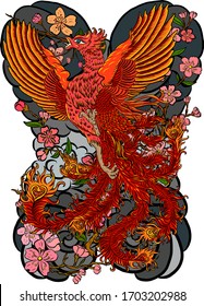 Hermosa línea de arte de Phoenix para el diseño de tatuajes en fondo.Vector Phoenix para impresión en pantalones.Ilustración vectorial Phoenix para el arte de doodle y libro de colorear sobre fondo blanco aislado.sakura.