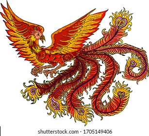 Beautiful line art of Phoenix for tattoo  design on background.Phoenix vector for printing on shirt.Pheonix vector illustration for doodle art and coloring book on white isolated background.