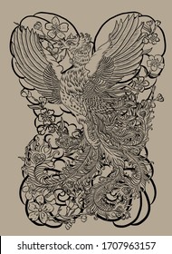 Beautiful line art of Phoenix for tattoo  design on background.Phoenix vector for printing on shirt.Phoenix vector illustration for doodle art and coloring book on white isolated background.sakura.