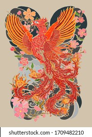 Beautiful line art of Phoenix for tattoo  design on background.Phoenix vector for printing on shirt.Phoenix vector illustration for doodle art and coloring book on white isolated background.sakura.