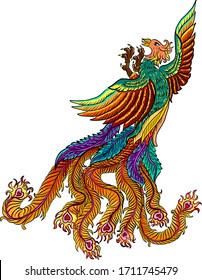 Beautiful line art of Phoenix for tattoo  design on background.Phoenix vector for printing on shirt.Pheonix vector illustration for doodle art and coloring book on white isolated background.Rebirth.
