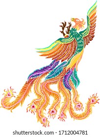 Beautiful line art of Phoenix for tattoo  design on background.Phoenix vector for printing on shirt.Pheonix vector illustration for doodle art and coloring book on white isolated background.Rebirth.