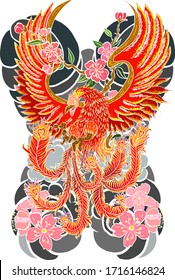 Beautiful line art of Phoenix for tattoo  design on background.Phoenix vector for printing on shirt.Phoenix vector illustration for doodle art and coloring book on white isolated background.sakura.