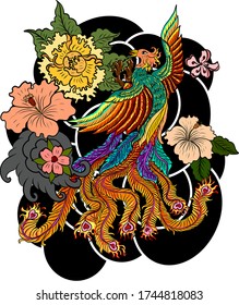 Hermosa línea de arte de Phoenix para el diseño de tatuajes en fondo.Vector Phoenix para imprimir en camisa.Ilustración vectorial fénix para el arte del doodle y libro de colorear sobre fondo blanco aislado.sakura.