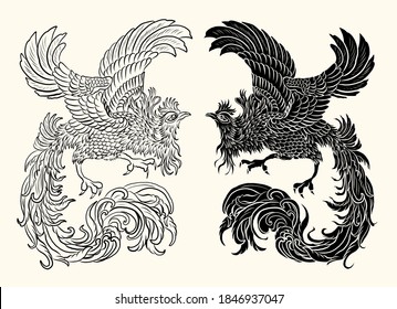 Beautiful line art of Phoenix for tattoo design on background.Phoenix vector for printing on shirt.Phoenix vector illustration for doodle art and coloring book on white isolated background.