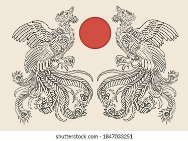 Beautiful line art of Phoenix for tattoo design on background.Phoenix vector for printing on shirt.Phoenix vector illustration for doodle art and coloring book on white isolated background.