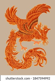 Beautiful line art of Phoenix for tattoo design on background.Phoenix vector for printing on shirt.vector illustration for doodle art and coloring book on white isolated background.