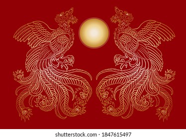 Beautiful line art of Phoenix for tattoo design on background.Phoenix vector for printing on shirt.Gold vector illustration for doodle art and coloring book on white isolated background.