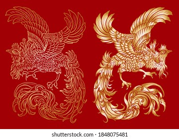 Beautiful line art of Phoenix for tattoo design on background.Phoenix vector for printing on shirt.vector illustration for doodle art and coloring book on white isolated background.