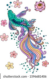 Beautiful line art of siam betta fish with sakura and lotus flower for doodle art design.Siam betta fish vector illustration for tattoo style.Hand drawn betta fish for printing on background.cherry.