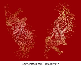 Beautiful line art of siam betta fish wiand lotus for doodle art design.Siam betta fish vector illustration for tattoo style.Hand drawn betta fish for printing on background.gold line art for rich.