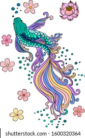 Beautiful line art of siam betta fish with sakura and lotus flower for doodle art design.Siam betta fish vector illustration for tattoo style.Hand drawn betta fish for printing on background.cherry.