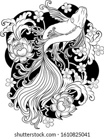 Beautiful line art of siam betta fish for printing on white isolated background.Japanese culture of koi fish carp vector illustration for doodle art.Koi fish for rich and wealth with Chinese new year 