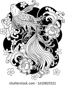 Beautiful line art of siam betta fish for printing on white isolated background.Japanese culture of koi fish carp vector illustration for doodle art.Koi fish for rich and wealth with Chinese new year 