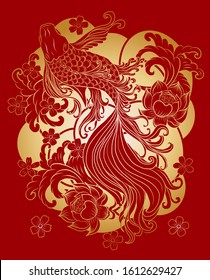 Beautiful line art of siam betta fish for printing on white isolated background.Japanese culture of koi fish carp vector illustration for doodle art.Koi fish for rich and wealth with Chinese new year 