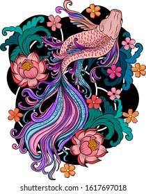Beautiful line art of siam betta fish for printing on white isolated background.Japanese culture of koi fish carp vector illustration for doodle art.Koi fish for rich and wealth with Chinese new year 