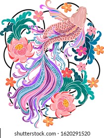 Beautiful line art of siam betta fish for printing on white isolated background.Japanese culture of koi fish carp vector illustration for doodle art.Koi fish for rich and wealth with Chinese new year 