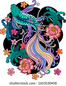 Beautiful line art of siam betta fish for printing on white isolated background.Japanese culture of koi fish carp vector illustration for doodle art.Koi fish for rich and wealth with Chinese new year 