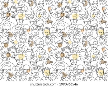 Beautiful Line Art Surreal Abstract Happy Smile And Laughing Men  Face Decorated In Seamless Pattern Style. Conceptual Of People Power Background