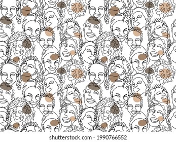 beautiful line art surreal abstract happy smile and laughing African women  face decorated in seamless pattern style. conceptual of people background