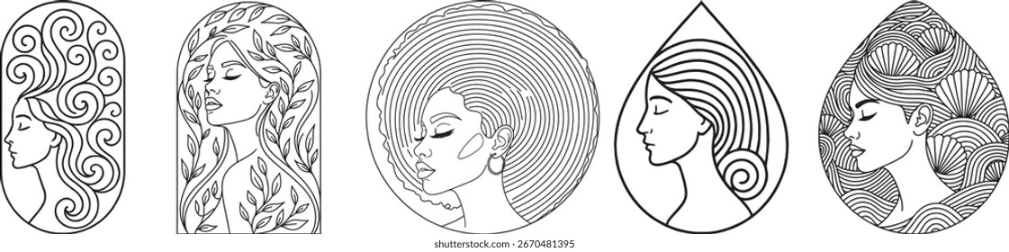 Beautiful line art vector illustrations of diverse women with decorative hairstyles, perfect for beauty, wellness, and self-care concepts.