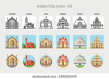 Hermosa línea y color icono de las ciudades de India - tercera parte