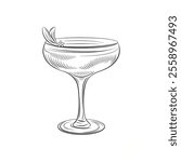 A beautiful line drawing of a classic coupe glass, elegantly designed with smooth, flowing curves and delicate proportions 