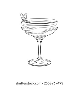 A beautiful line drawing of a classic coupe glass, elegantly designed with smooth, flowing curves and delicate proportions 