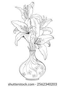 Beautiful line drawing of lily flower in vase