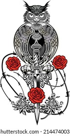 Beautiful line drawing tattoo design of an owl holding dagger and roses flowers.  Illustration for tattoo, poster, print, t-shirt.