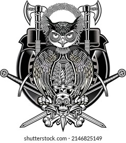 Beautiful line drawing tattoo design of an owl holding dagger.  Illustration for tattoo, poster, print, t-shirt.