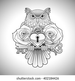 Beautiful line drawing tattoo design of an owl holding key with a heart locket and roses flowers. Vector illustration.