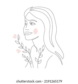 Beautiful line drawn abstract woman with a plant, modern style isolated vector illustration. Happy young girl. Vector illustration