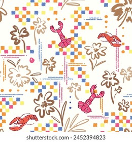 Beautiful Line Hand Draw Doodle Flower With Sea-Life Animal Lobster illustration Vector Seamless Pattern, Funny Natural Background Wallpaper 