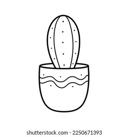 Ein schöner linearer Kaktus in einem Topf. Hauspflanze im Doodle-Stil. Einfache Clipkunst zum Design von Grußkarten, Kleidung, Schreibwaren für Kaktusliebhaber. Gartenarbeit, Heimunterhaltung und Hobbys