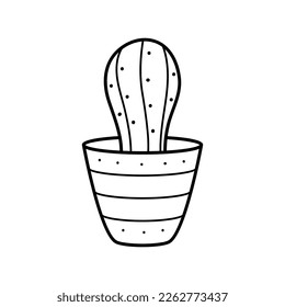 Un hermoso cactus lineal en una olla. Planta de casa en estilo doodle. Simple clipart para diseñar tarjetas de felicitación, ropa, papel para los amantes del cactus. Jardinería, entretenimiento en el hogar y pasatiempos
