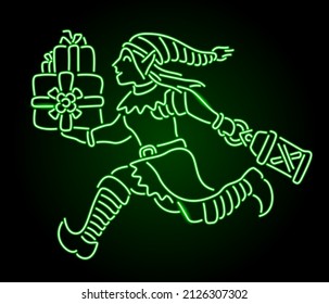 Beautiful linear christmas vector illustration with colorful neon green shiny elf silhouette on the dark background