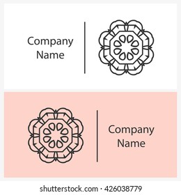 Beautiful linear circular logo. Logotype for antique boutique, sweets. Company mark, emblem, element. Simple mandala. Business, invitations. Kaleidoscope big bud. Abstract decorative flower.