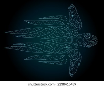 Beautiful linear cosmic low poly vector illustration with colorful blue shiny turtle silhouette on the dark background