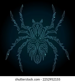 Beautiful linear cosmic low poly vector illustration with blue shiny spider silhouette on the dark background