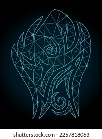 Beautiful linear cosmic low poly vector illustration with colorful blue shiny decorative fist on the dark background