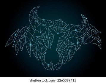 Beautiful linear cosmic low poly vector illustration with blue shiny viking warrior head on the dark background