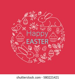 Beautiful, linear, festive vector card to a happy Easter, with nice icons, easter bunnies, flowers, berries, birds