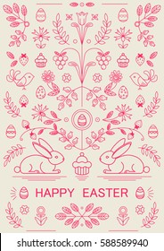 Beautiful, linear, festive vector card to a happy Easter, with nice icons, easter bunnies, flowers, berries, birds