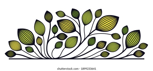 Beautiful linear floral vector design isolated on white, leaves and branches elegant text divider border element for layouts, fashion style classical emblem, luxury vintage graphics.